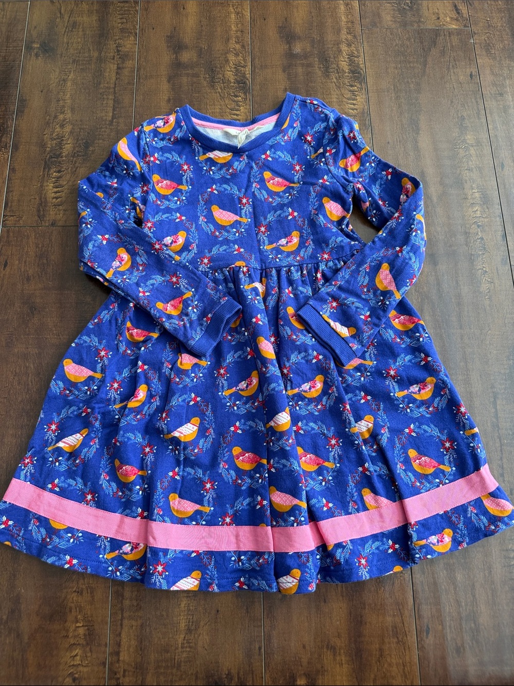 Matilda Jane Blue Bird-Print Long Sleeve Dress with Pink Trim